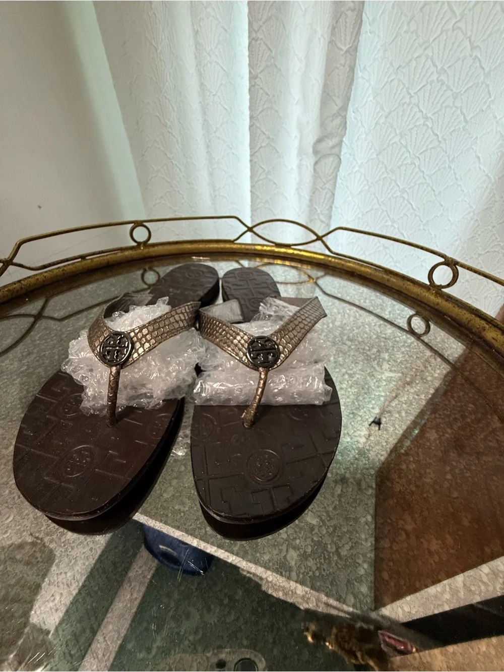 Tory Burch Metallic Bronze Logo Thong Sandals